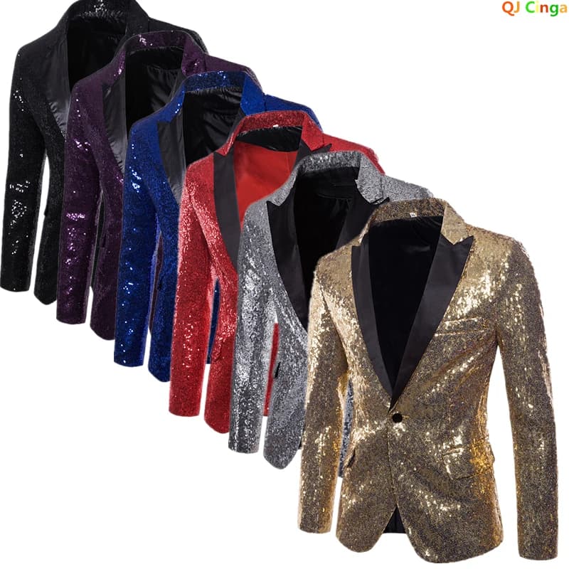 Shiny Gold Sequin Glitter Embellished Blazer Jacket Men, Nightclub Prom Suit Blazer,Male Costume Homme Stage Clothes For singers