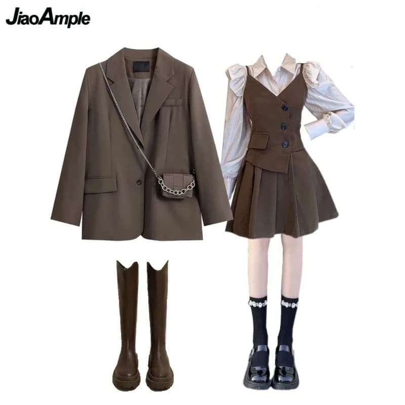 Spring Autumn Women Fashion Blazers Shirts Mini Dress 1 or Three Piece Set Korean Lady Loose Suit Jacket Blouse Sling Dresses