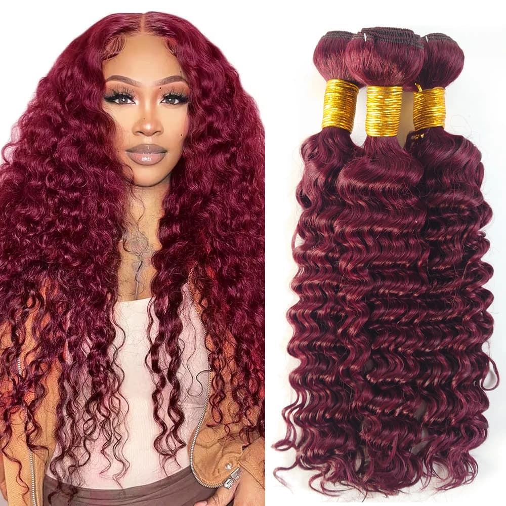 99j Bundles Burgundy Deep Wave Human Hair Bundles 26 28 30 inch Wine Red Bundles Human Hair Unprocessed Brazilian Virgin Hair