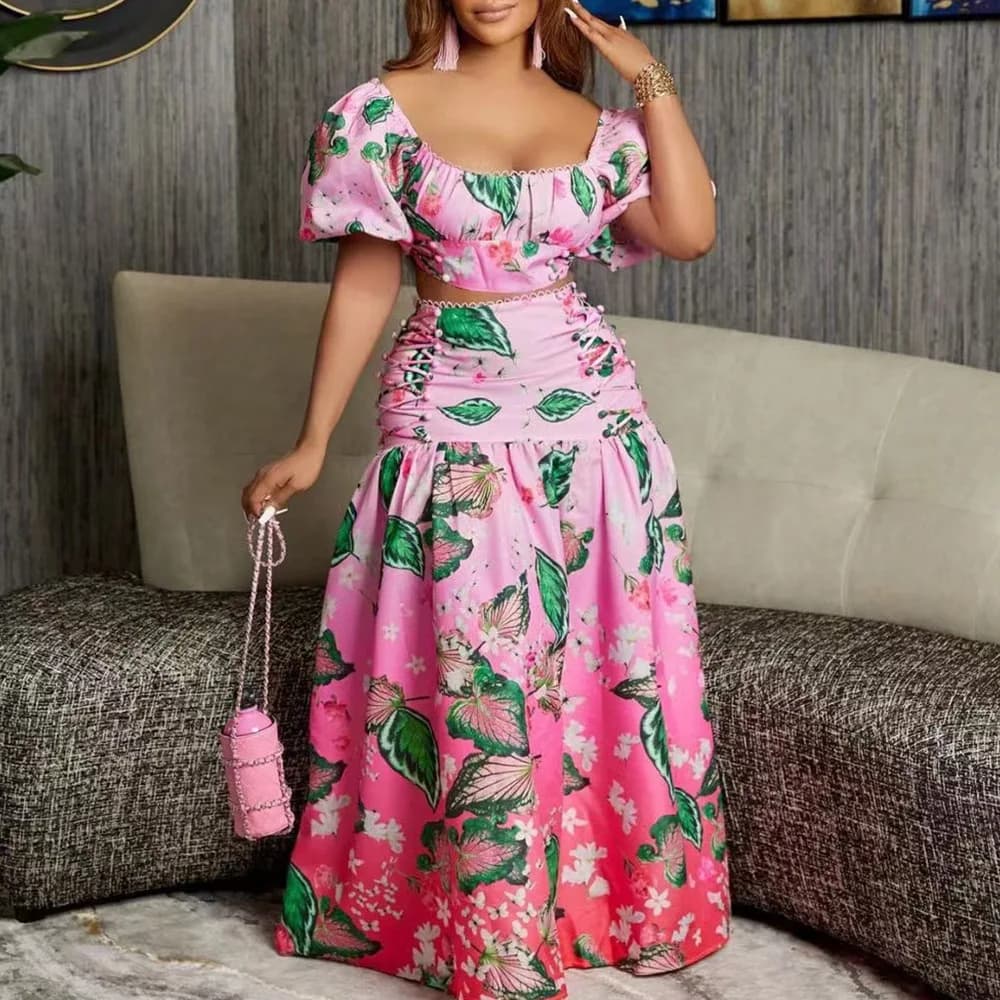 Summer Women's Suit Fashion Casual Short Top And Comfortable Long Skirt Sets Print Femininity Commuter Two-Piece Set