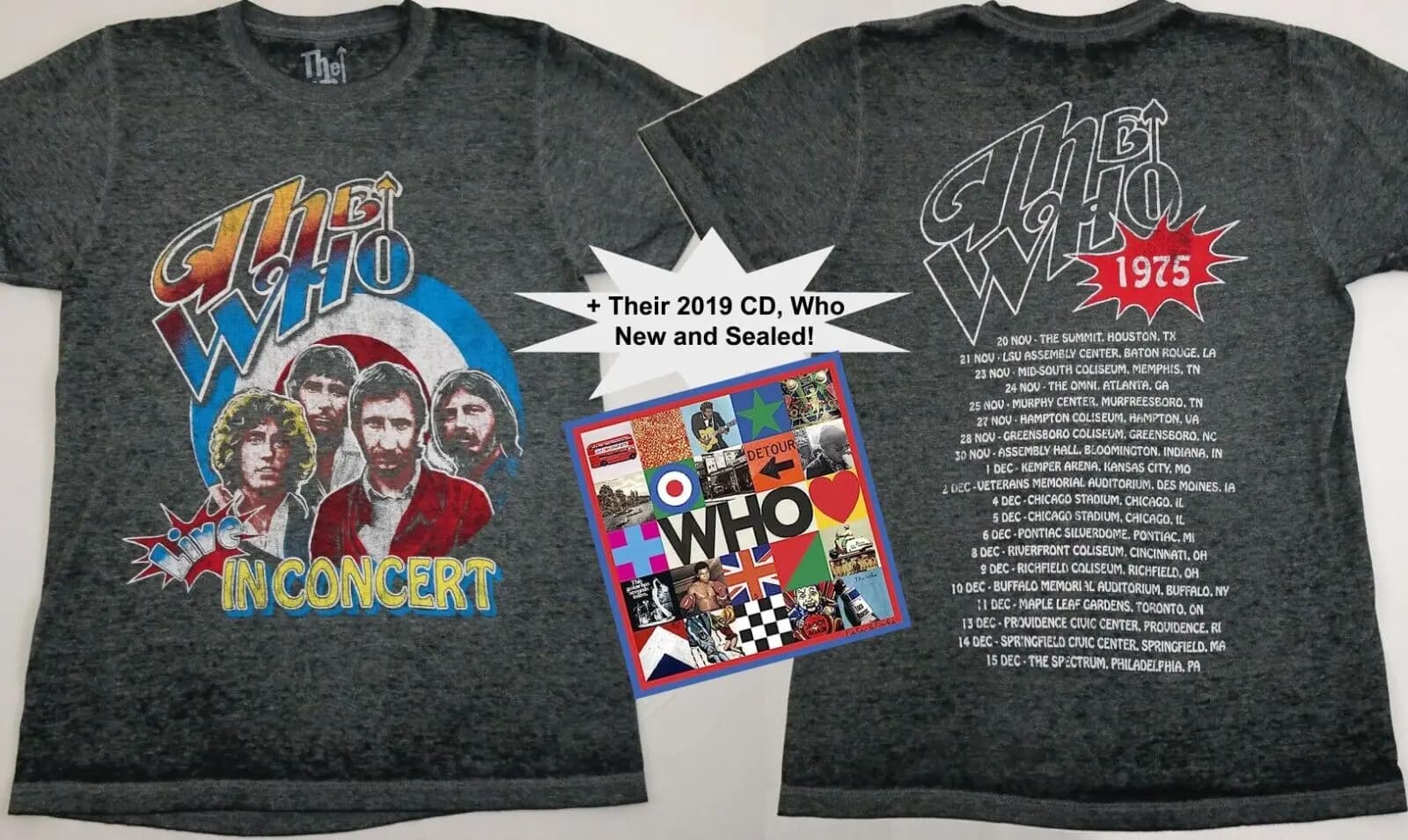 NEW The Who 1975 Concert Throwback t shirt Small BUNDLE w 2019 CD Sealed Gray S
