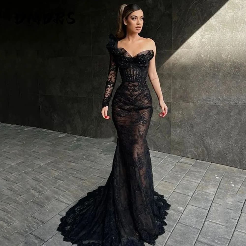 Elegant Long Black Mermaid Prom Dress One Sleeve Lace Evening Gowns Party Graduation Dresses Customized Vestido De Noche