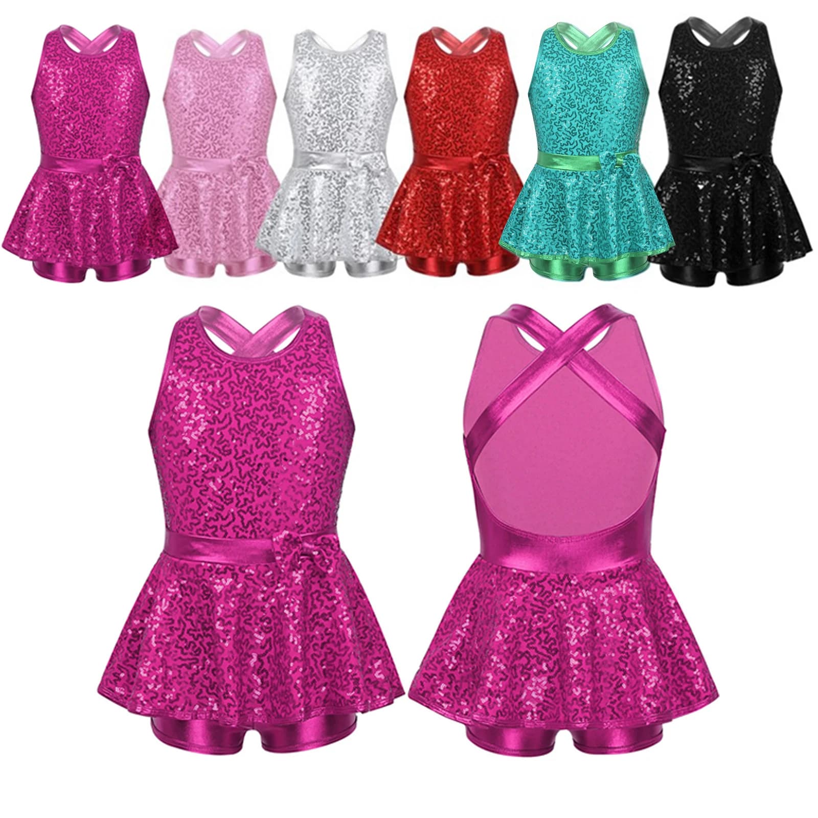 Kids Girls Ballet Shorty Unitard Dress Shiny Sequin Gymnastics Leotard Jazz Modern Dance Tap Costume Child Performance Dancewear