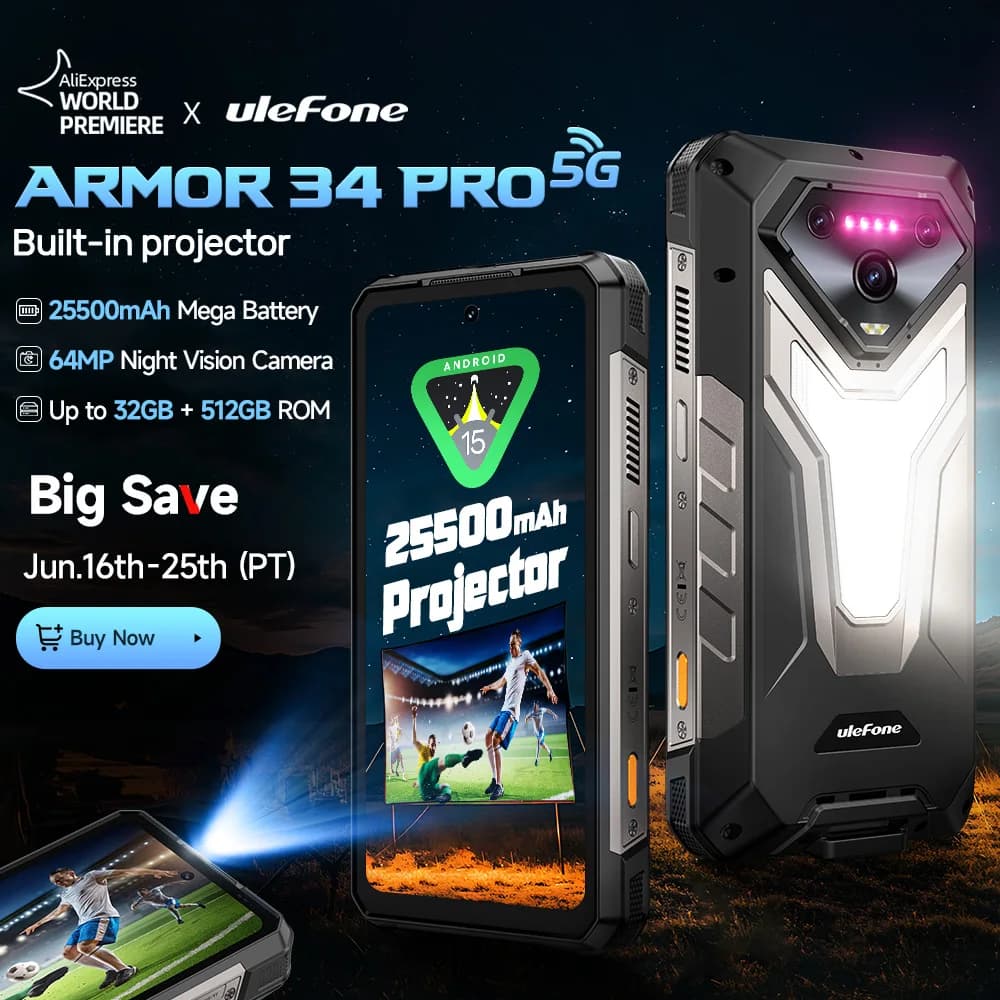 【World Premiere】Ulefone Armor 34 Pro 5G AI Rugged Phone 25500mAh Up to 32GB+512GB Built-in Projector 120Hz 6.95" NFC Smartphone