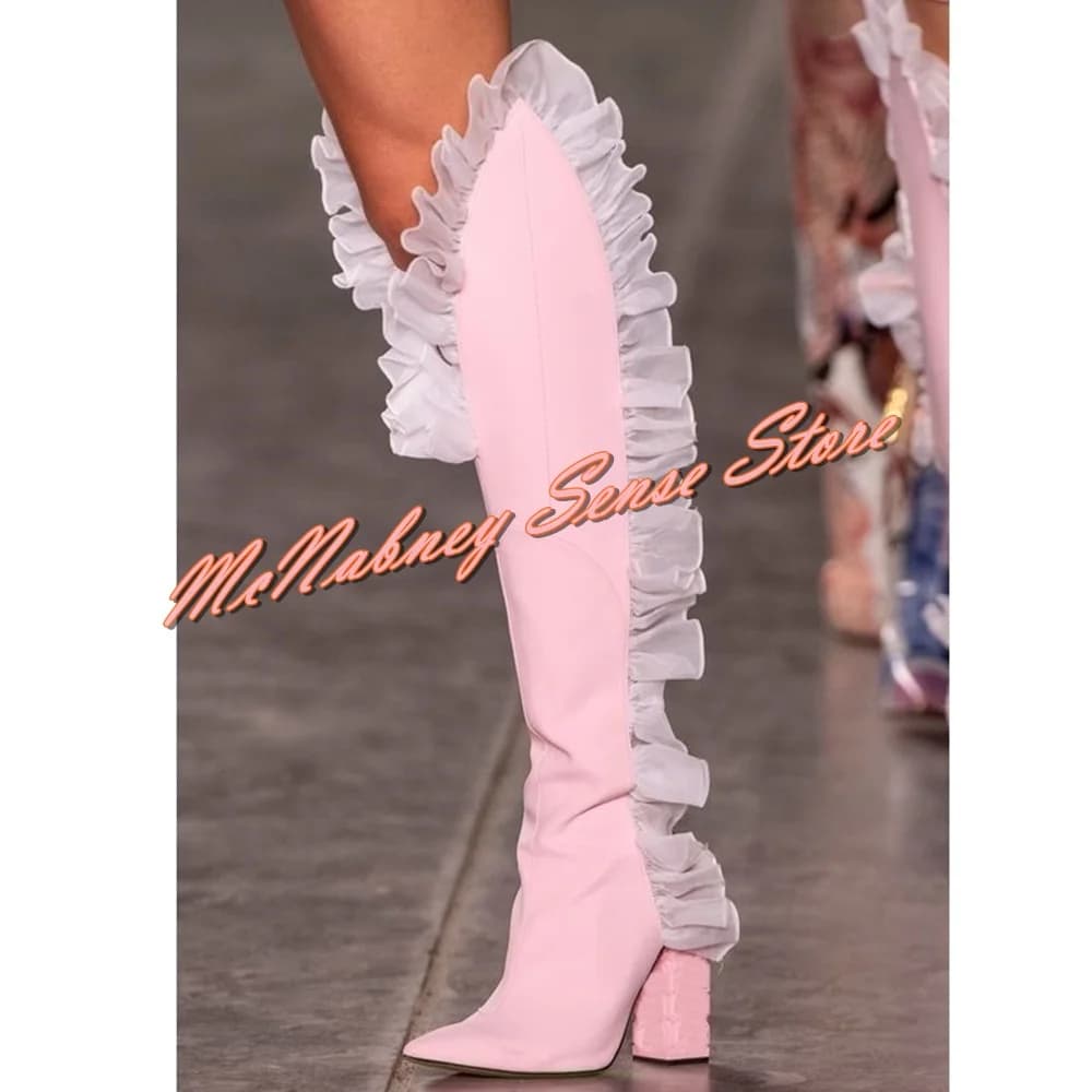 New Style Lace Straps Hollow Boots Pointy Toe Solid Leather V Cuts Long Boots Chunky High Heels Hook And Loop Autumn Women Shoes