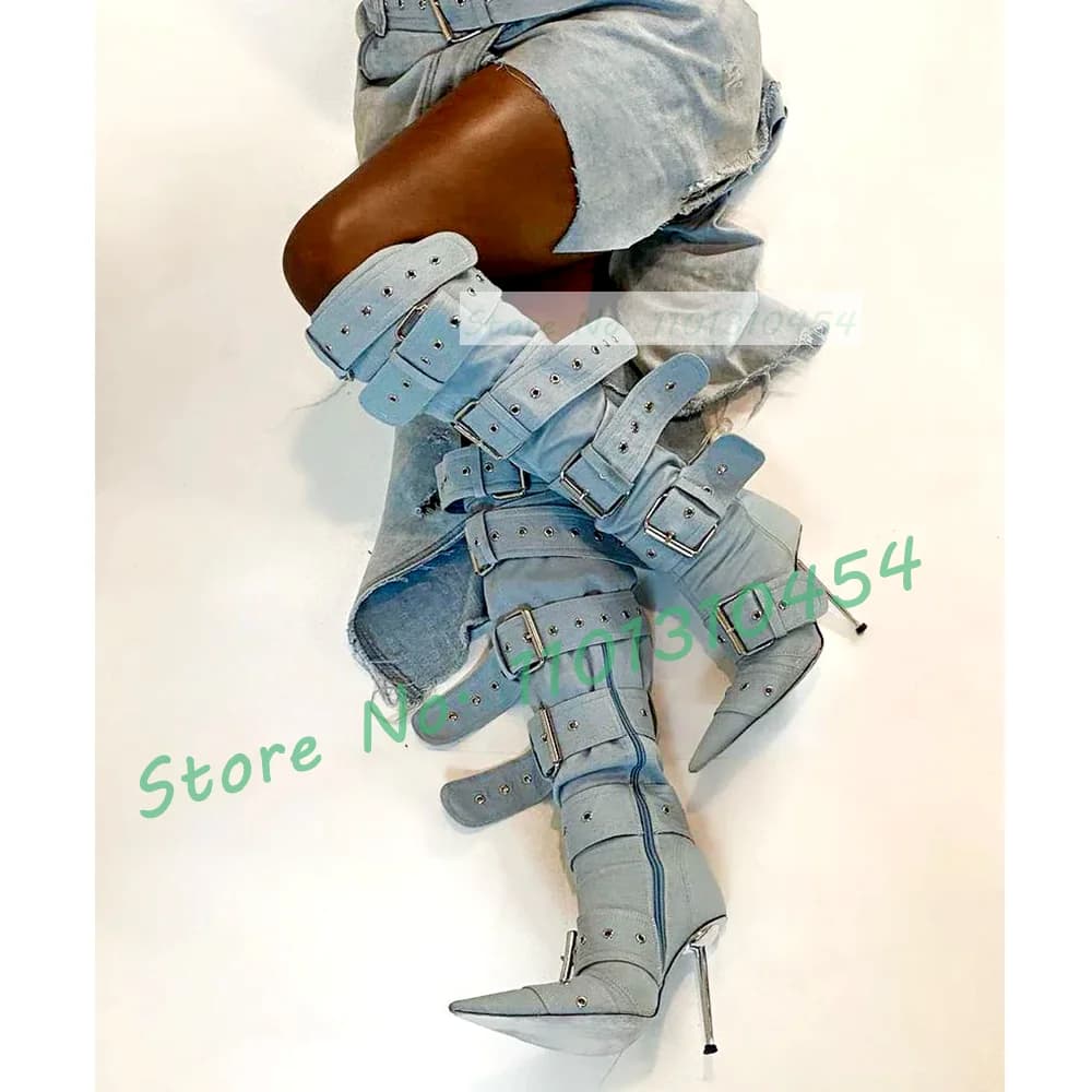 Multi-belt Thigh High Boots Women Sexy Super Pointy Punk Metal High Heels Shoes Ladies Puttee Yellow Blue Buckles Biker Boots