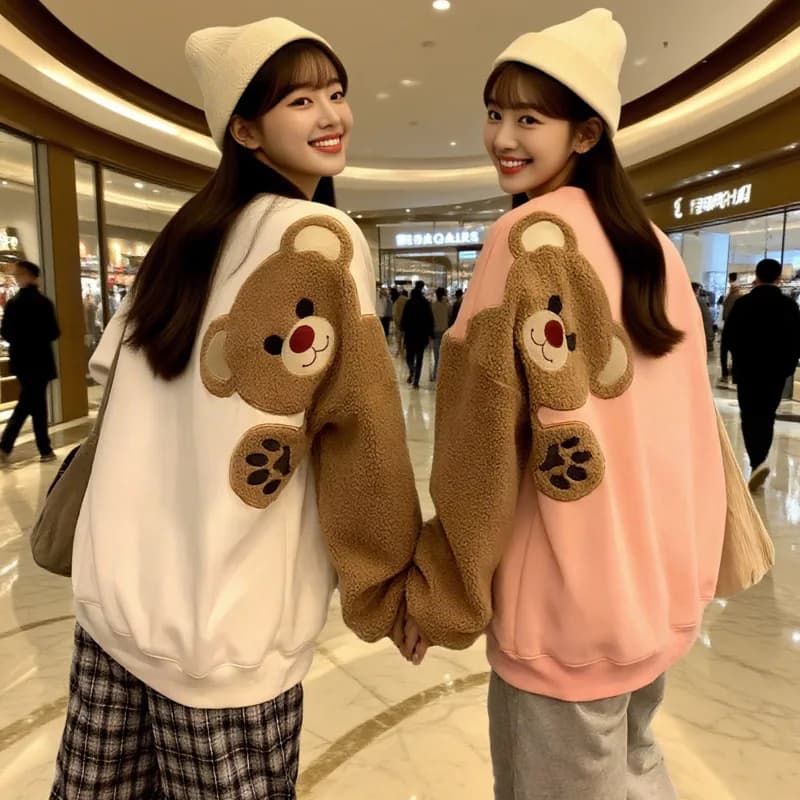 Y2K Kawaii Hoodies Women Plush Bear Flocking Embroidery Drop-Shoulder Sleeves Sweatshirts Twins Friends Matching Pullovers