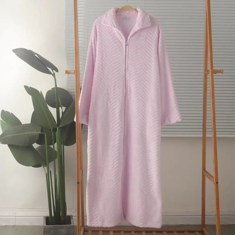 Women's  Nightgown Coral Flannel Long Sleeve Robe Pink Zipper Nightdress Warm Winter Pajamas Large Size Long Robs