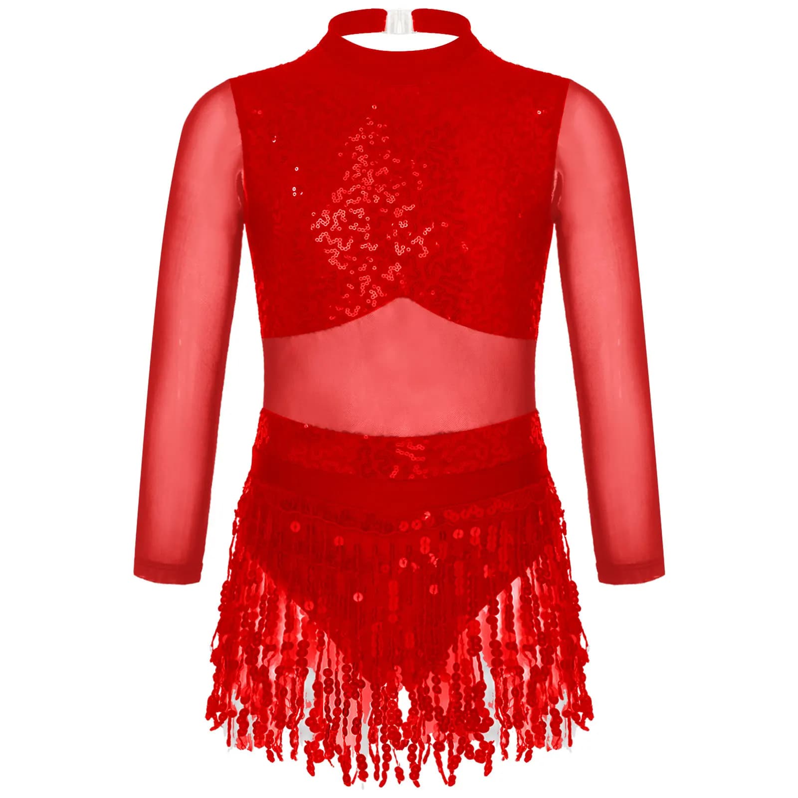 Kids Girls Sequins Tassel Latin Jazz Dance Dress Long Sleeve Mesh Ballet Gymnastics Leotard Skating Stage Performance Costume