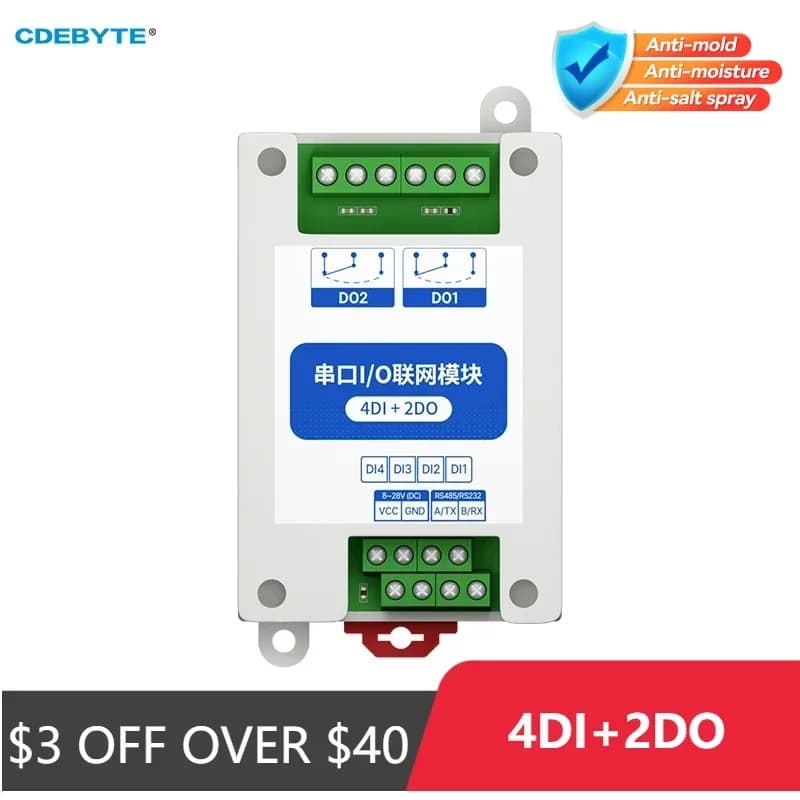 ModBus RTU Serial IO Module RS485 Interface 4DI+2DO 8 Digital Outputs  Rail Installation 8~28VDC CDEBYTE MA01-AXCX4020