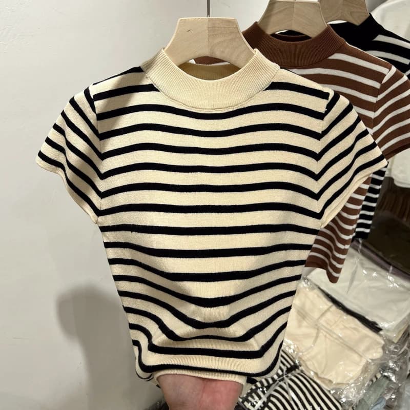Half Turtleneck Pullover Striped Sweater Sweater Slim Fit Top Shirt Women's Early Spring and Autumn Short Sleeve Bottoming Shirt