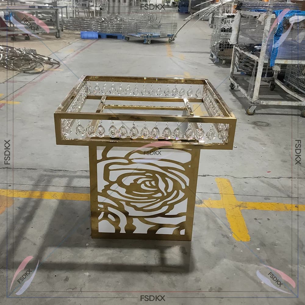 Promotional Rose Acrylic Table Base Shiny Gold Stainless steel Banquet Event Decoration Glass Dining Table Wedding Table