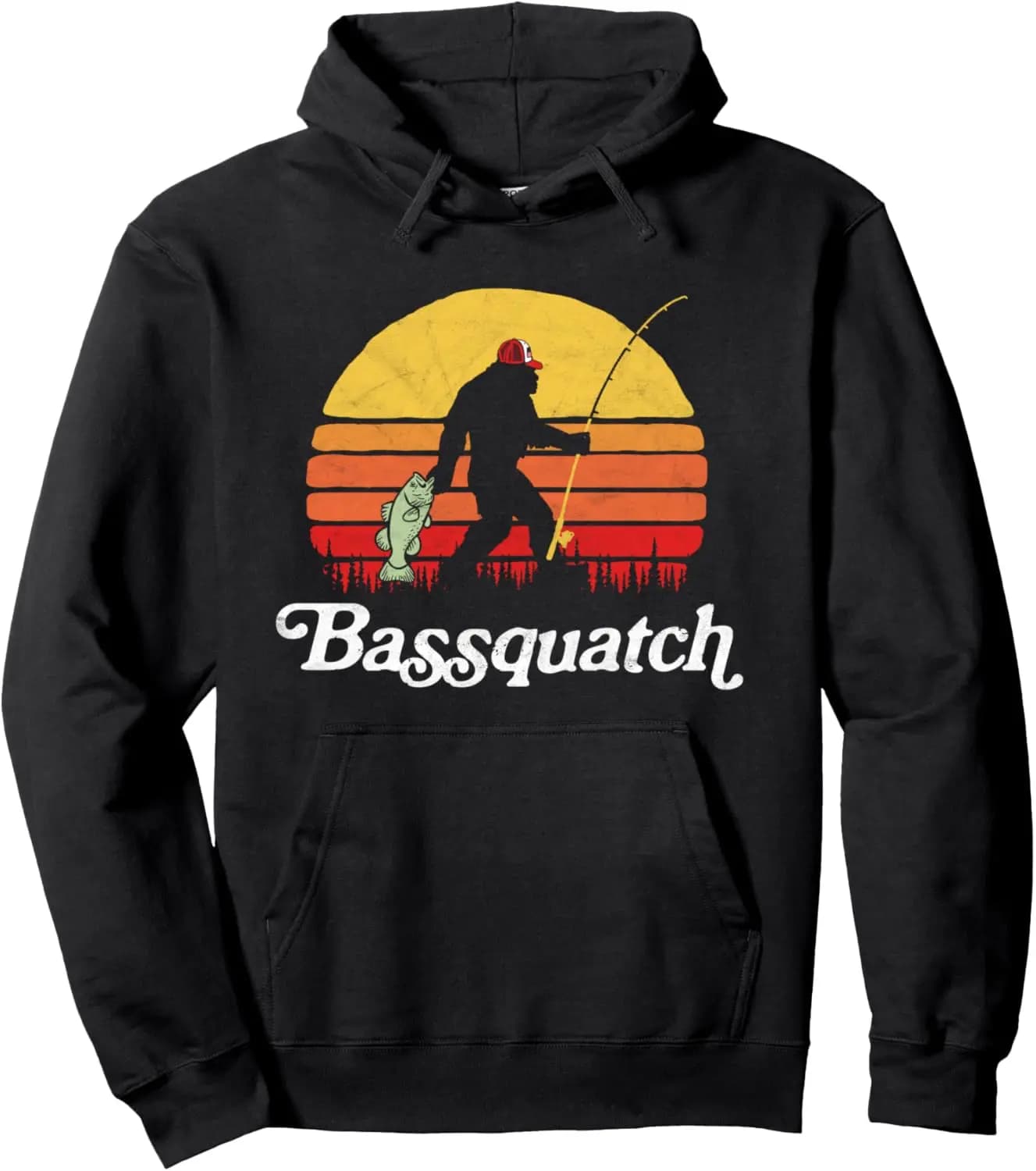 Bassquatch! Funny Bigfoot Fishing Outdoor Retro Pullover Hoodie, Long Sleeve Custom Printed Graphic Hoodie Ropa De Mujer