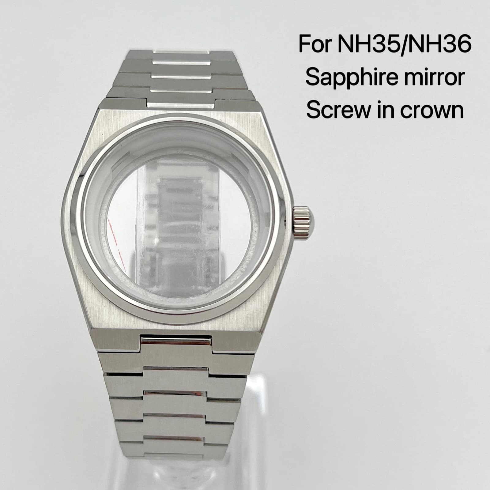New NH35 case, watch accessories, silver case+strap, sapphire mirror, dial diameter 31.8mm