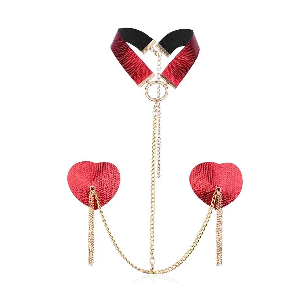 Sexy New Women 1 Pair Red Heart Tassel Nipple Cover Reusable Metal Chain Linked With Choker Breast Pasties Body Jewelry Chain