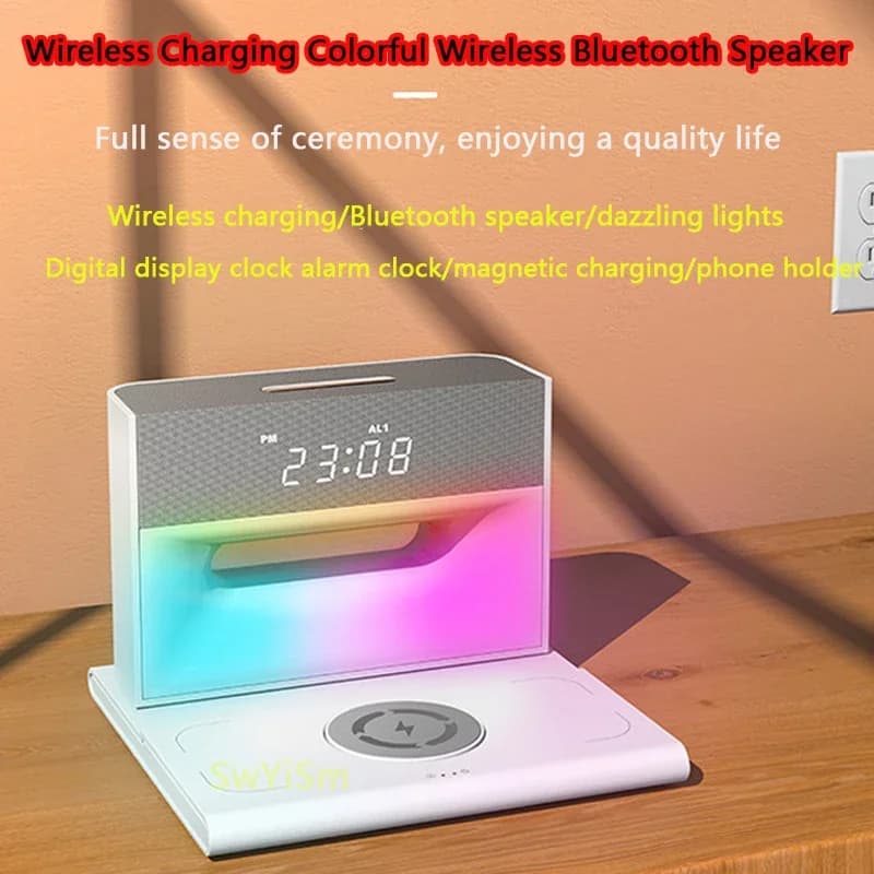 Home Use Mobile Phone Wireless Fast Charger RGB Atmosphere Lamp Bedside Desktop Alarm Clock Game USB Portable Bluetooth Speakers