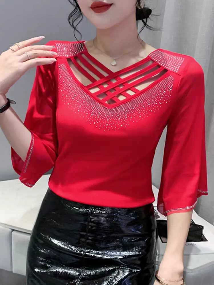 2024 New Arrival Shirring Diamond Set Solid T-shirt Spring Summer Woman M-3XL Three Quarter V-neck Butterfly Sleeve Hollow Out