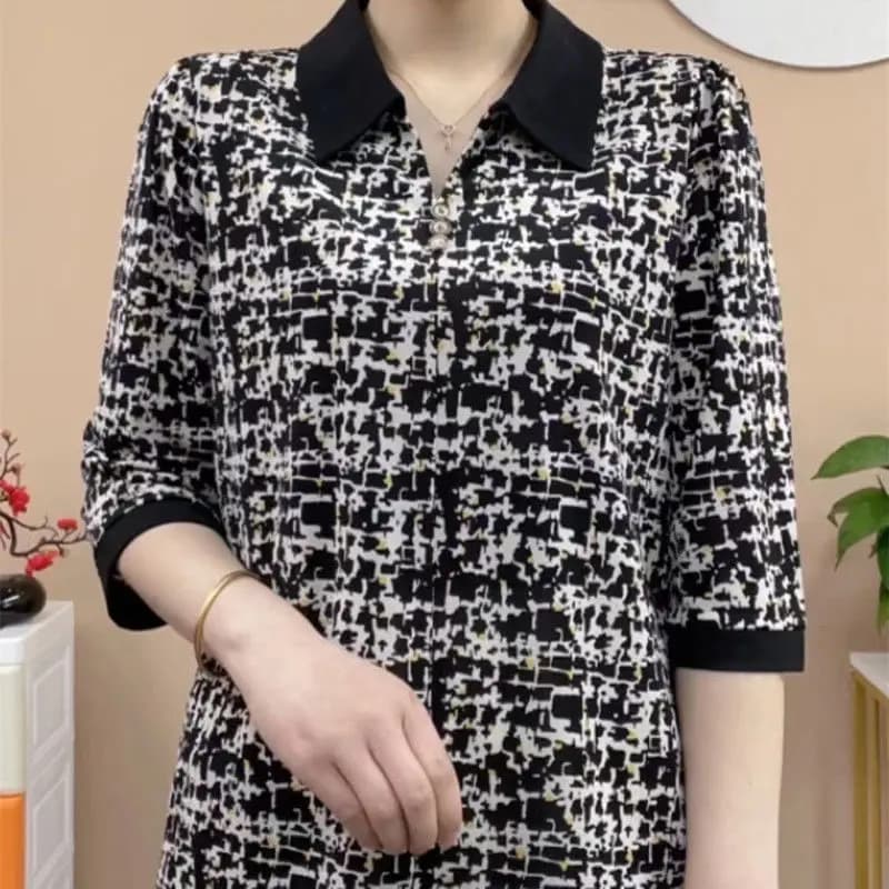 Office Lady Houndstooth Printed Blouse Summer New Casual Half Sleeve Female Clothing Single-breasted Fashion Lapel Spliced Shirt