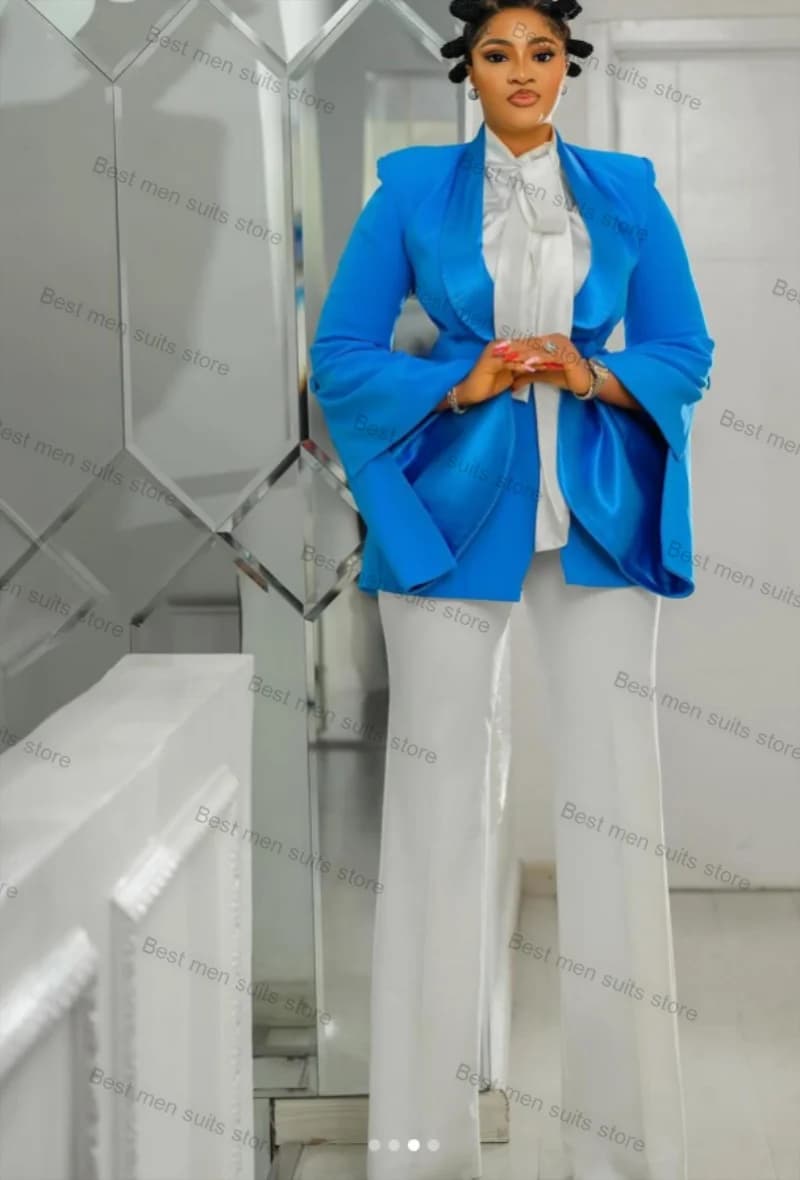 Royal Blue Women Suit Pants Set Blazer+White Trousers 2 Piece Wedding Tuxedo Jacket Split Sleeves Tailored Office Lady Coat