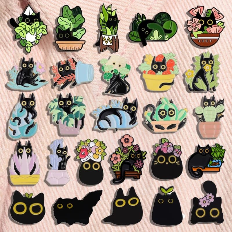 Cartoon Black Cats Plant Potted Enamel Pins Cute Flower Grass Kitten Animal Brooch Lapel Badge Fashion Jewelry Gifts For Friends