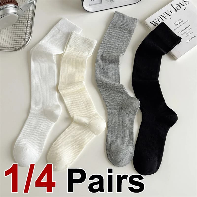 1/4 Pairs Women Summer Plain Casual Cotton Long Socks Breathable Hollow Mesh Thin Design Fashion Sweet Style Stacked Socks
