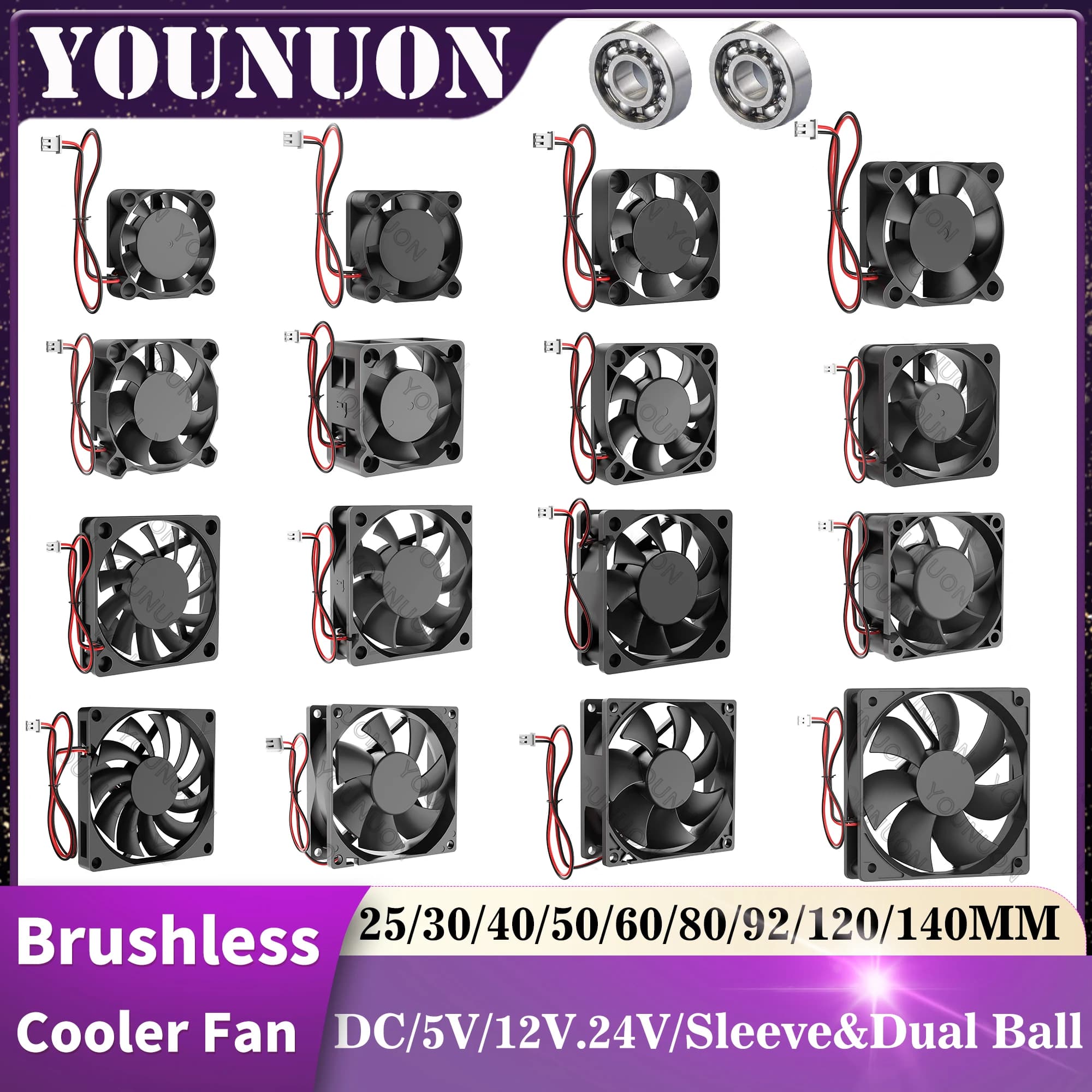 YOUNUON DC 5V/12V/24V 30MM/40MM/50MM/60MM/70MM/80MM/90MM/120MM/140MM Fan DC Brushless Cooling Fan PC Laptop Computer Case Fan