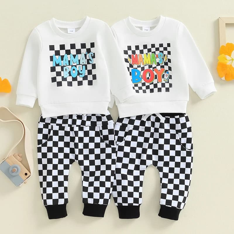 2024-05-31 Lioraitiin Toddler Boys Checkered Set Letter Print Long Sleeve Round Neck Tops Pocket Long Pants 2-Piece Outfits