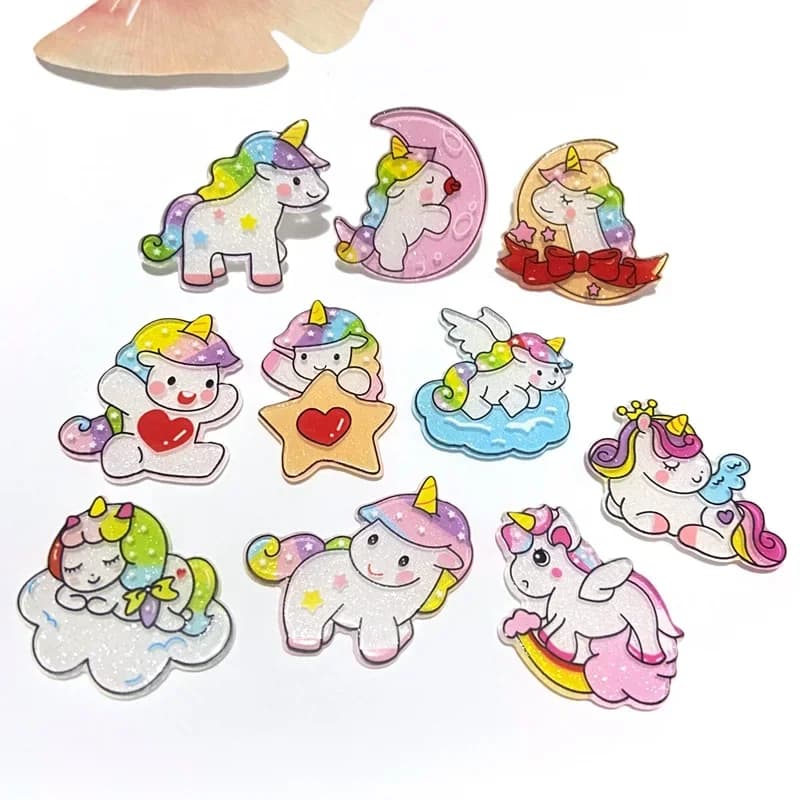 10Pcs/lots New Planar Unicorn Rainbow Flatback Cartoon Decorations DIY Arts Crafts Sticker Accessories Glitter  Bow Resin