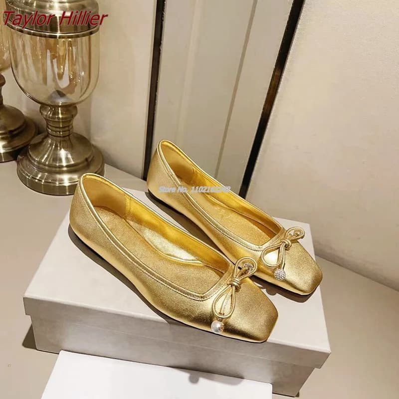 Retro Bow Leather Flat Pumps Casual Square Toe Shallow Mouth Comfortable Gold Ballet Shoes Fashion Stage Large Size Women'S Shoe