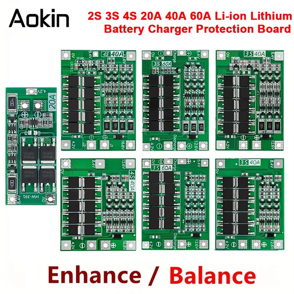 2S 3S 4S 40A 60A Li-ion Lithium Battery Charger Protection Board 18650 BMS Drill Motor 11.1V 12.6V/14.8V 16.8V Enhance/Balance