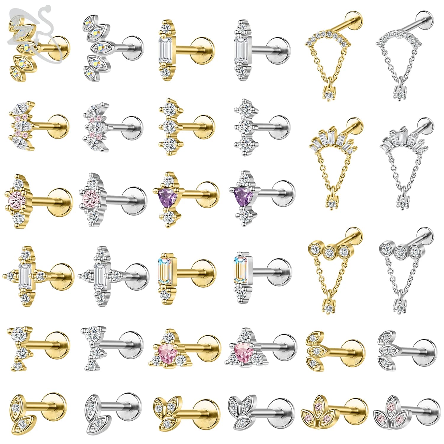 ZS 1 PC Gold Color 16G Stainless Steel Labret Lip Piercing Men Women CZ Crystal Ear Cartilage Tragus Helix Piercings Flat Backs