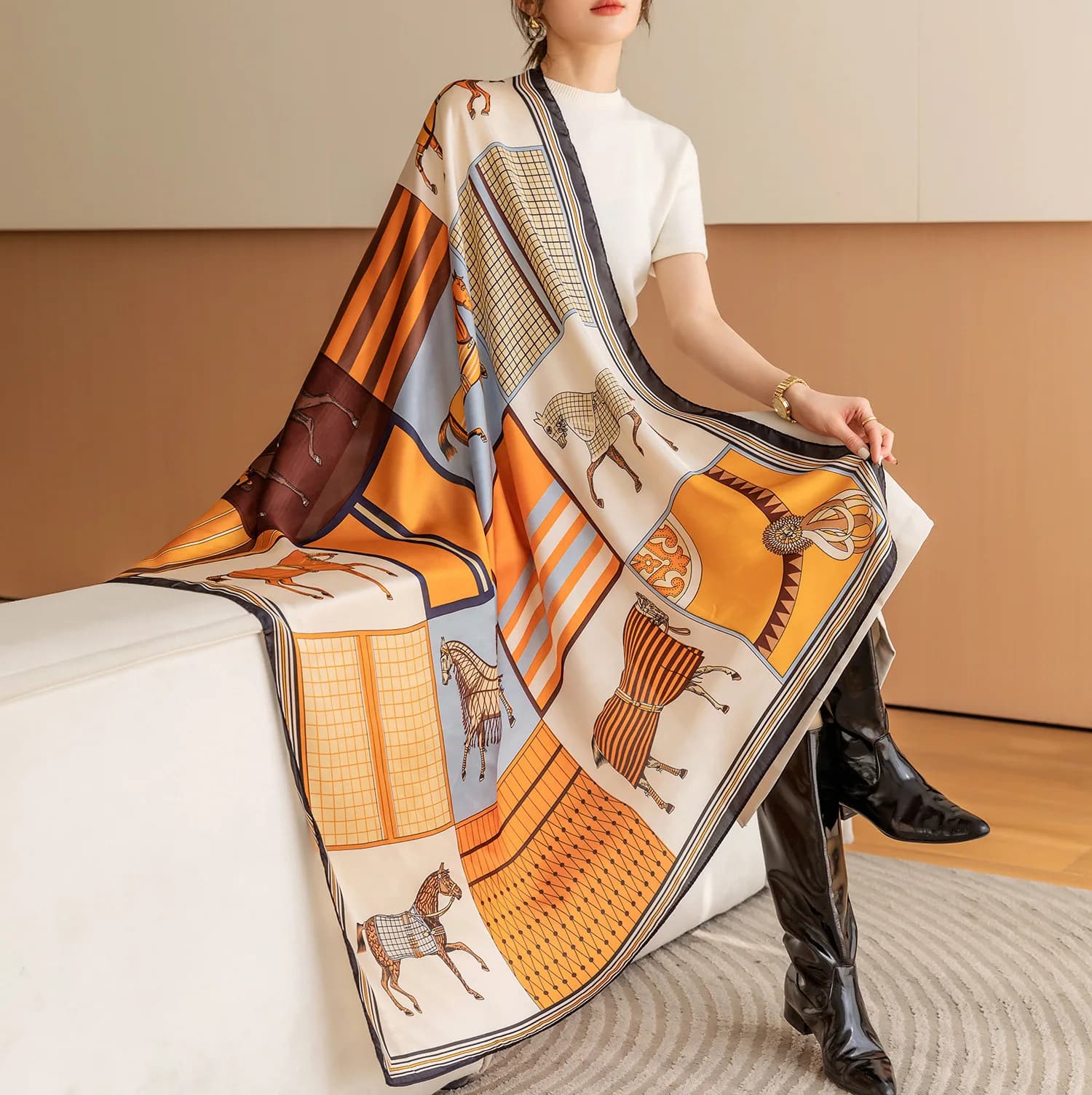 Luxury Horse Print Square Scarf Vintage Imitation Silk Shawl Scarf  Women Windproof Outdoor Head Wrap 110*110cm