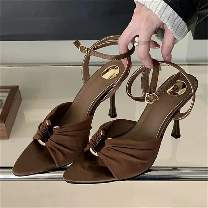 Aneikeh Summer Pointed Toe Thin High Heels Fashion Pleated Metal Buckle Strap Women Sandals Banquet Party Female Mules Shoes