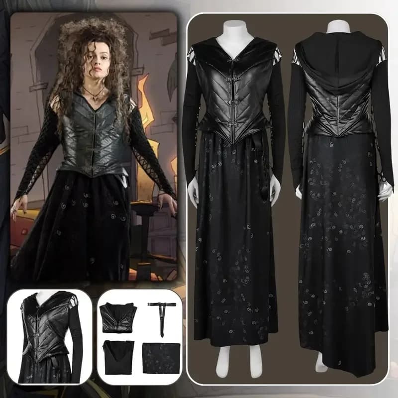 Bellatrix Lestrange Cosplay Costume Disguise for Adult Women Black Dress Vest Fantasia Outfits Halloween Carnival Party Clothes