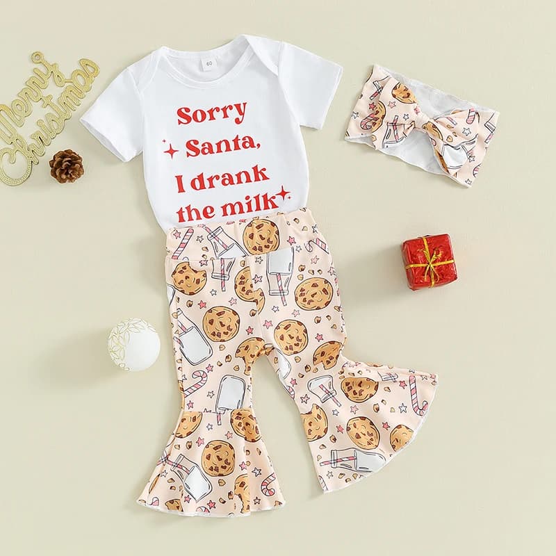 Christmas Baby Girl Outfit with Letter Print Romper Short Sleeve Top Cartoon Flare Pants and Bow Headband - Festive Holiday