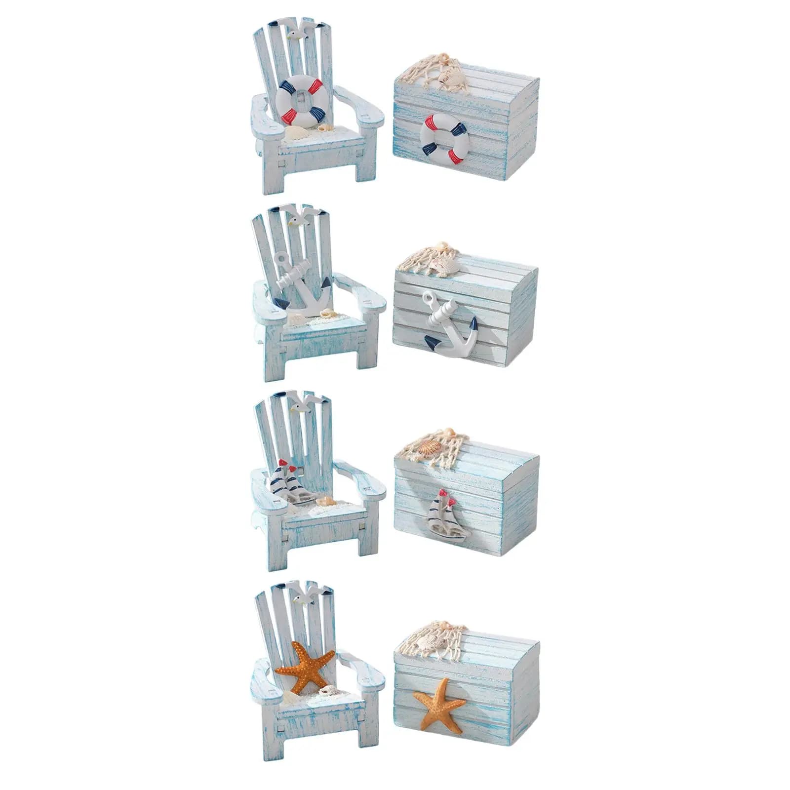 2Pcs Nautical Ornament Mini Chair and Chest Craft Decorative Miniature Decoration for Nursery Tables Shelves Playhouse Vanity
