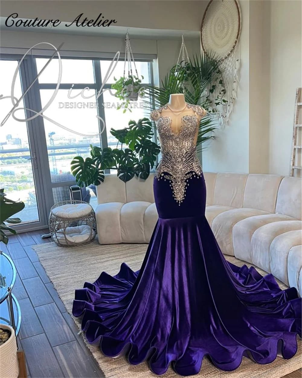 Purple Velvet Sliver Crystal Beading Prom Dresses 2024 For Black Girls Mermaid Dress Party Evening Elegant Celebrity Customized