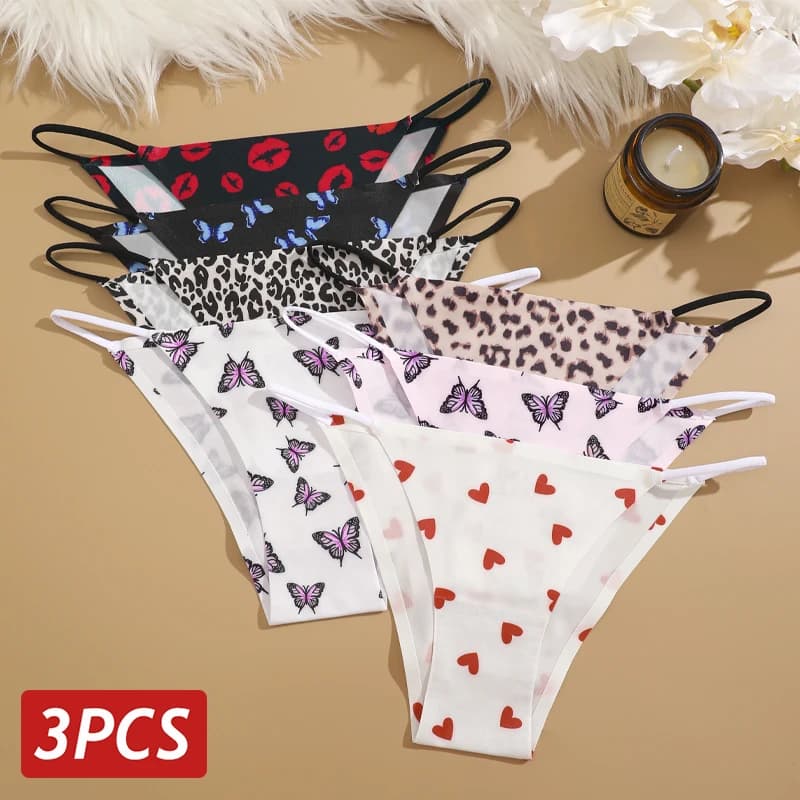 3PCS/Set Seamless Women Panties Sexy Low Rise Butterflies Leopard Bikini Briefs Female Ice Silk No Trace Underwear Soft Lingerie