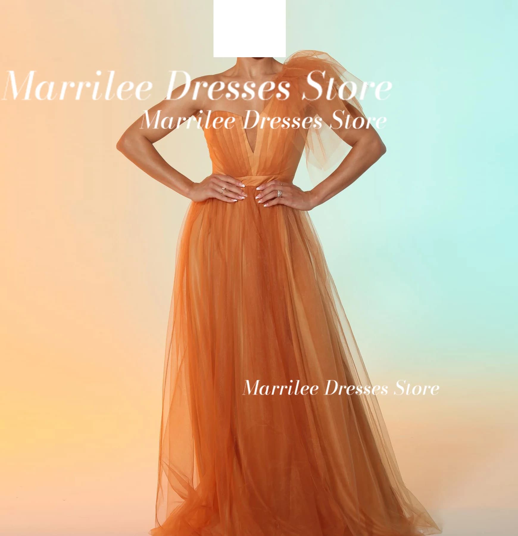 Marrilee Elegant One Shoulder A-Line Sleeveless Solid Color V Neck Pleats Zipper Back Sweep Train Dubai Evening Caftan Dress