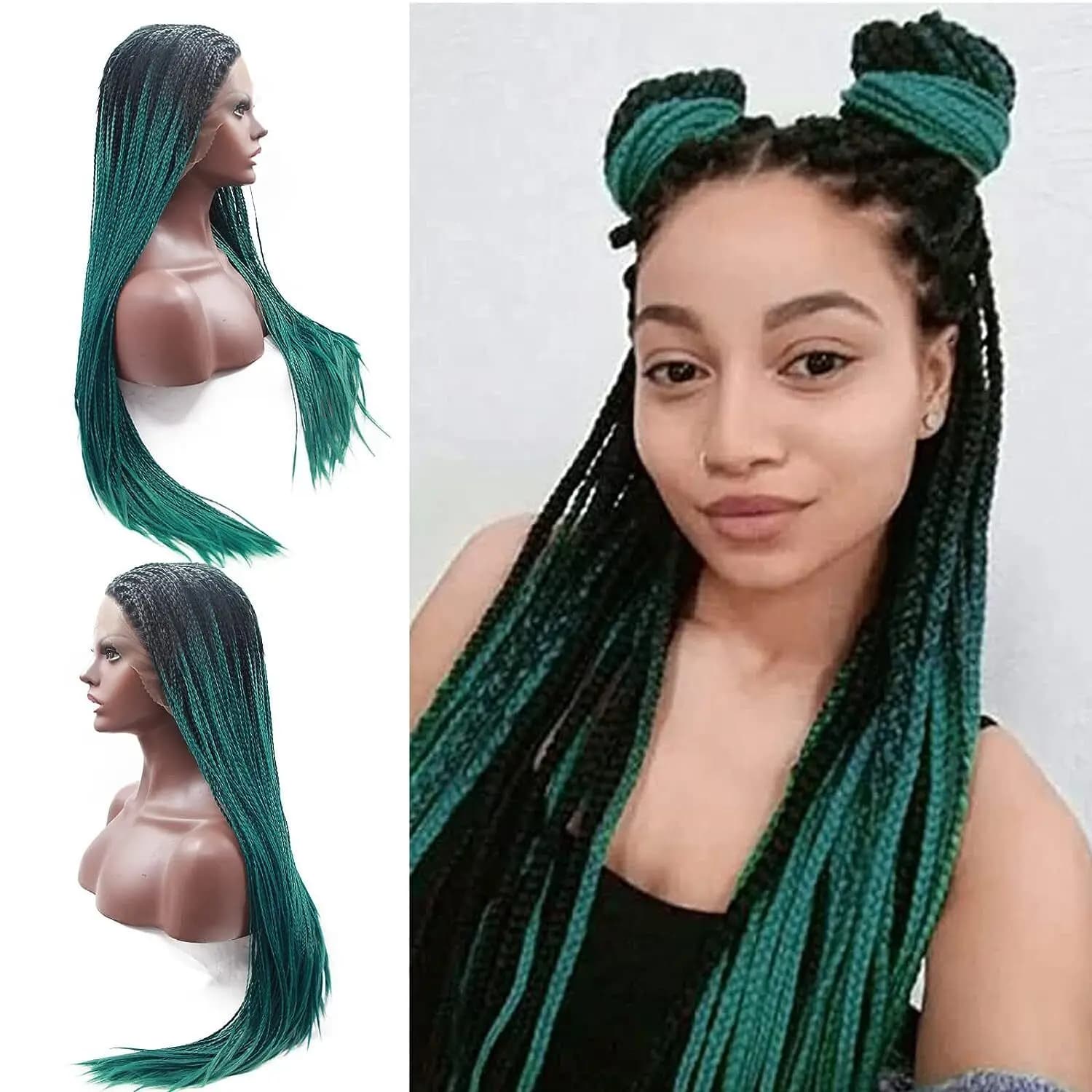 Glueless Dark Green Lace Front Box Braided Wigs Ombre Green Micro Braided Hair