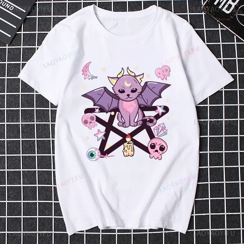Women Halloween Kawaii Pastel Goth Cute Creepy Demon Cat and Skull T Shirt Summer Cotton Japanese Manga Printed Man T-shirt