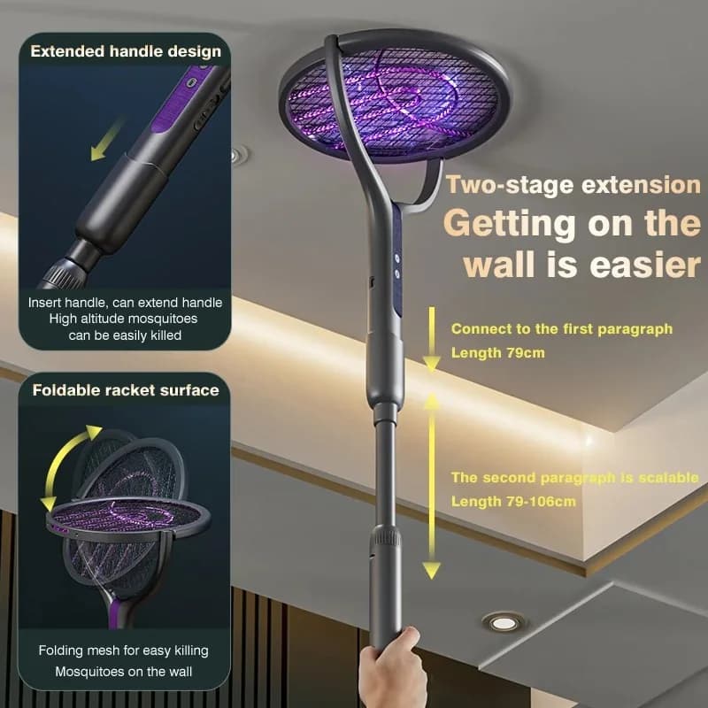 2800V Intelligent Mosquito Swatter With Extension Handle Electric Mosquito Killer 5-Layer Protection Rechargeable Mosquito Racke