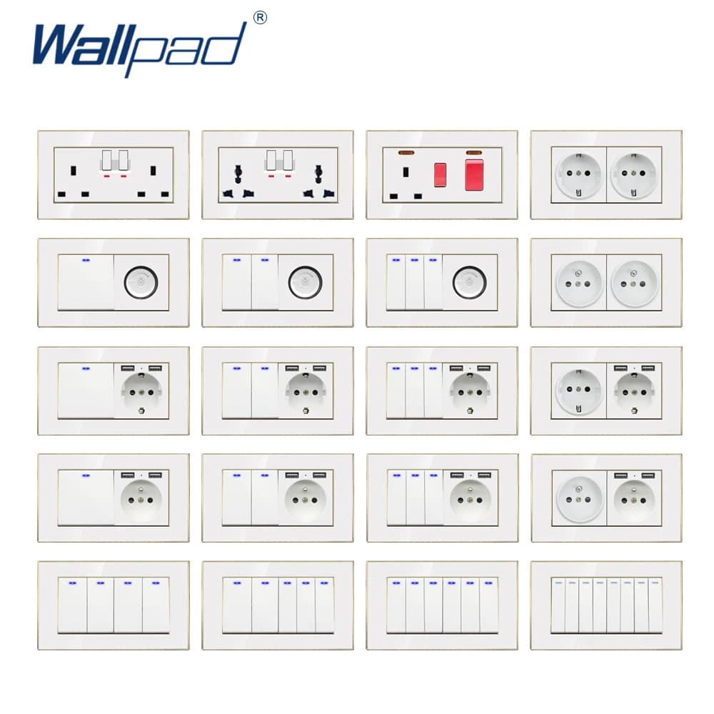 Wallpad White Acrylic Panel Rosy Gold Border Wall Light Switch LED USB EU Socket 5 6 7 8 Gang 2 Way Reset 146*86mm
