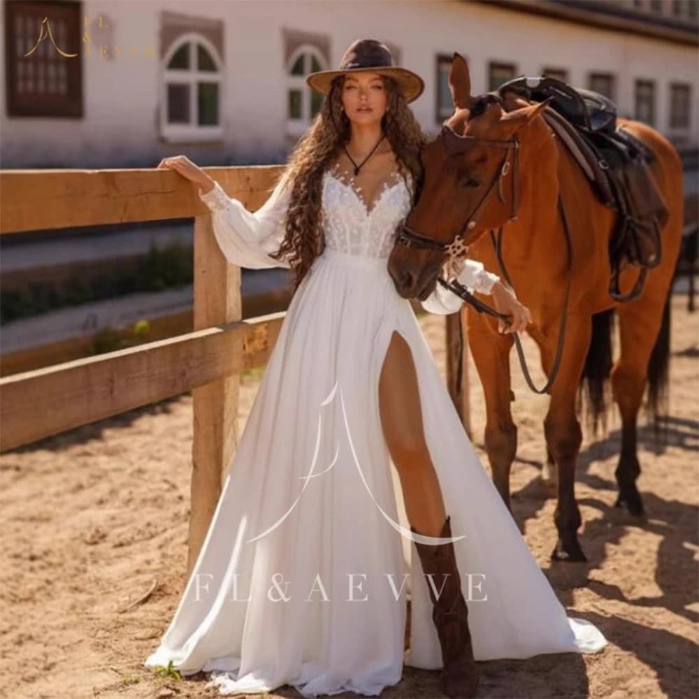 FL&AEVVE Pastrol Style Long Sleeve Wedding Dress Appliques Bride Gown Customized Party Gown vestidos de novia Wedding Party Gown