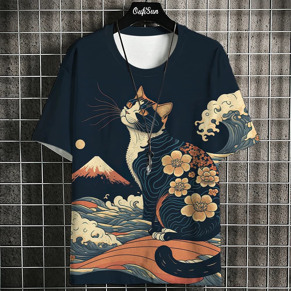 Cartoon Anime Cat Printed T Shirt For Men Japanese Tees Wolf T-Shirt Outdoor Hip Hop Tops Clothes Casual Loose Short Sleeve Tees