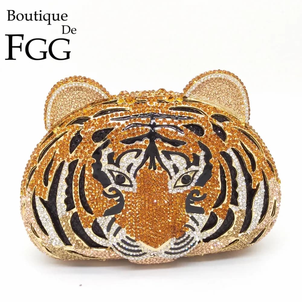 Boutique De FGG (in stock) Tiger Head Women Rhinestone Clutch Purses Party Dinner Party Handbags Crystal Animal Evening Bags