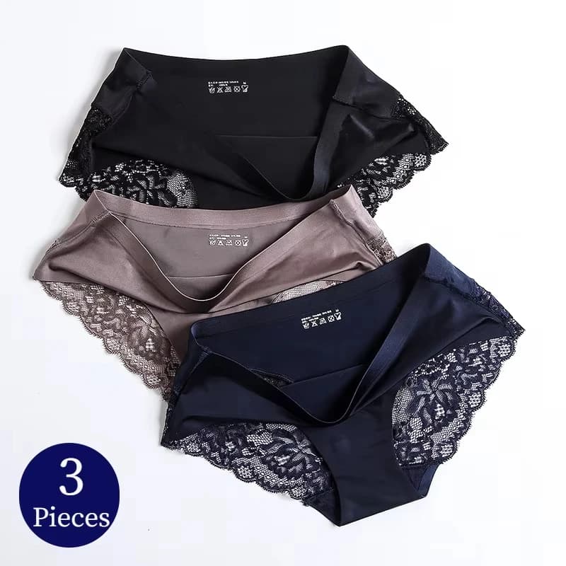3pcs Lace Women's Panties French Seamless Underwear Female Ice Silk Briefs Solid Color Breathable Underpants Lingerie