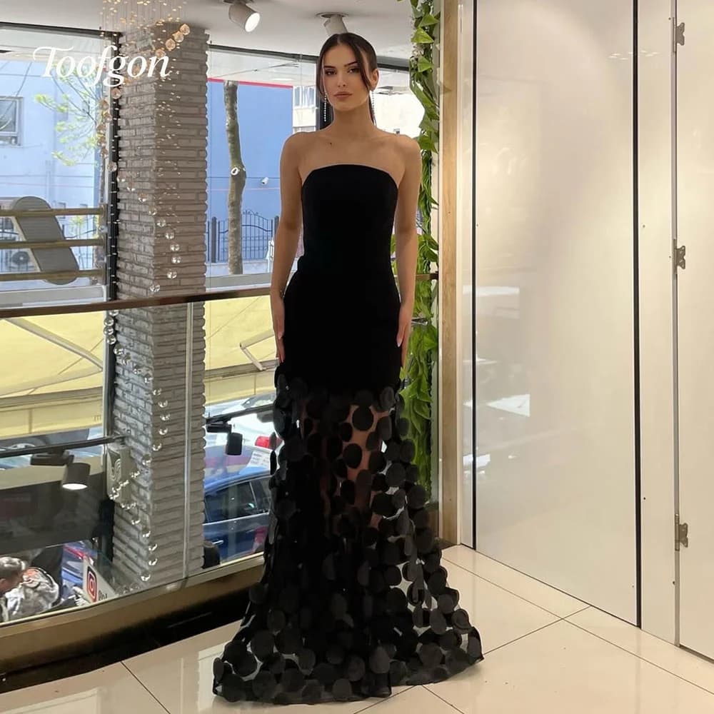 Toofgon Strapless Black Mermaid Long Evening Dresses Customized 3D Lace Skrit Special Occasion Formal Party Dress Prom Gowns