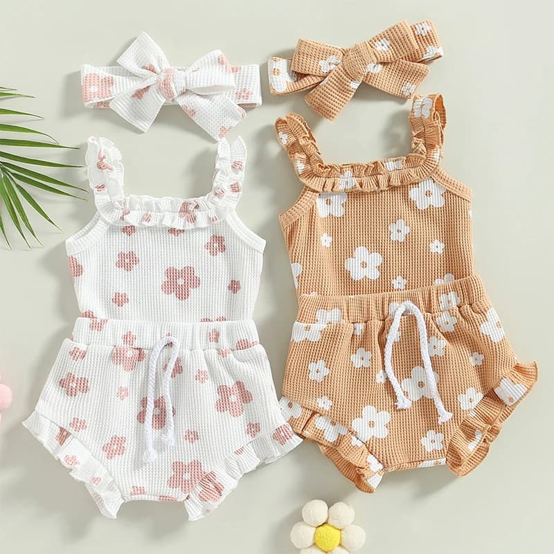 Baby Girls 3Pcs Summer Outfits Floral Sleeveless Strap Romper + Shorts + Headband Set