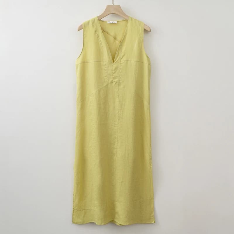 2025 Summer Women Solid Linen V Neck Sleeveless Fashion Dress Split Tank Dress